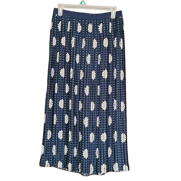 NWT Modcloth White Daisy Floral Polka Dot Blue Pleated Pull On Midi Skirt Sz. M - Picture 2 of 6